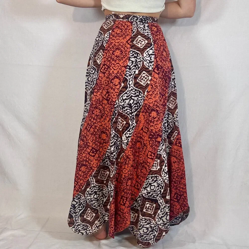 Vintage 1970s Red Brown Block Print Cotton Maxi Skirt Bias Cut Boho Swirler 25W